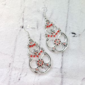 Red and Gray Beads Floral Silver Earrings